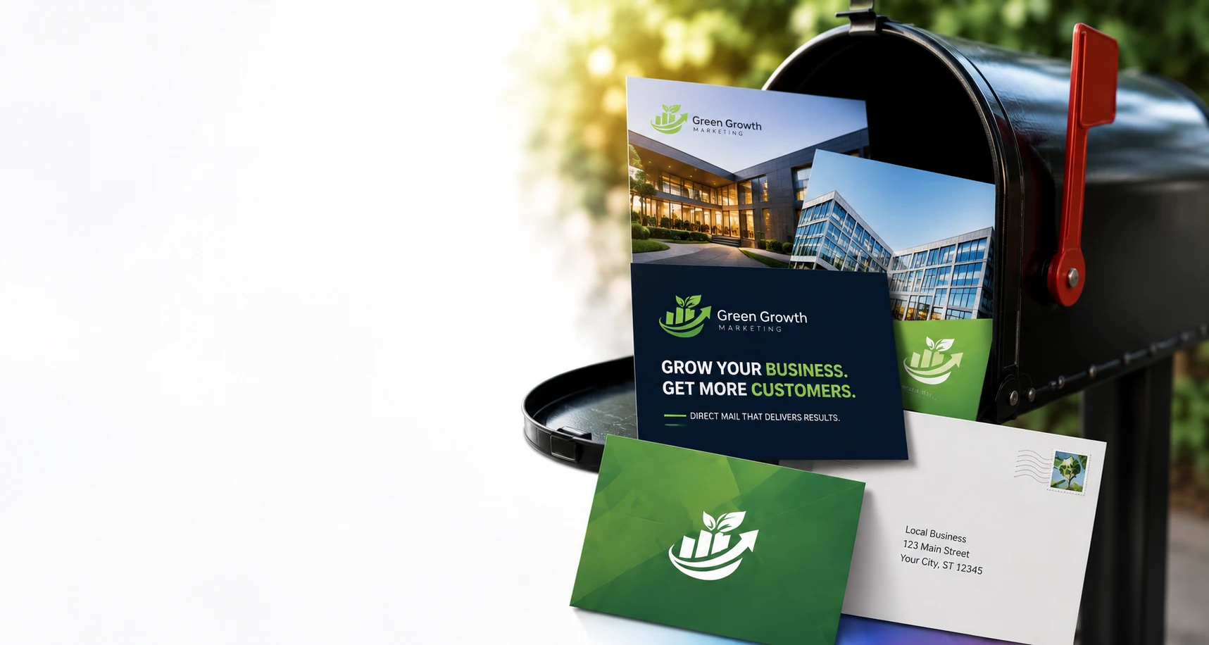 Green Growth Marketing direct mail postcards and letters in a mailbox